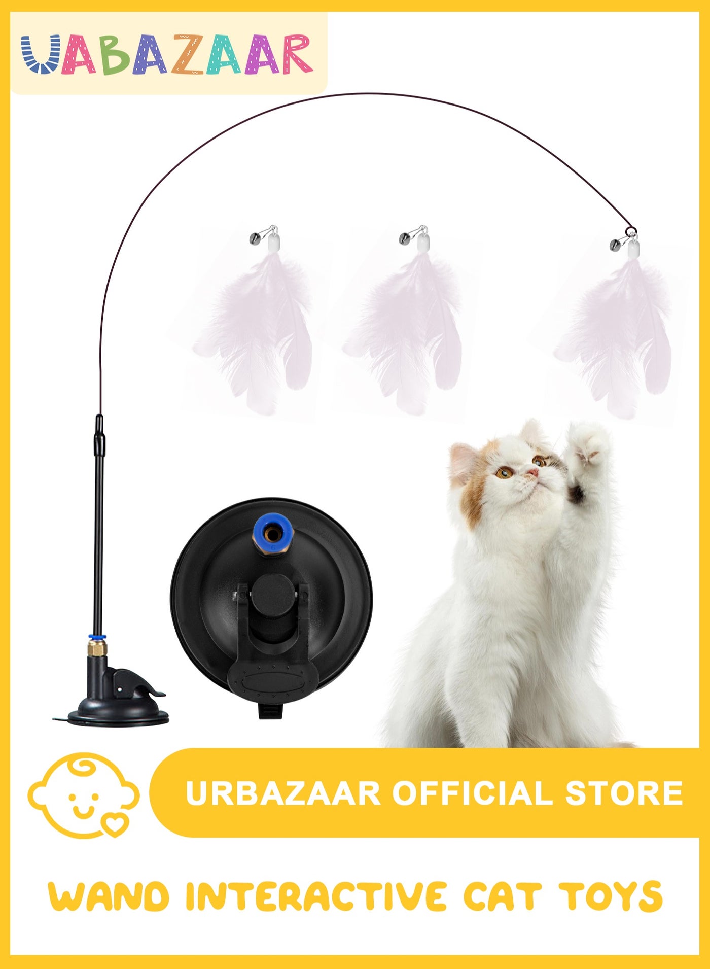 Cat Feather Toys,Cat Wand Toy with Powerful Suction Cup,Interactive Cat Toy Detachable Feather Replacements with Bell for Indoor Cats (2 Extra Feathers)