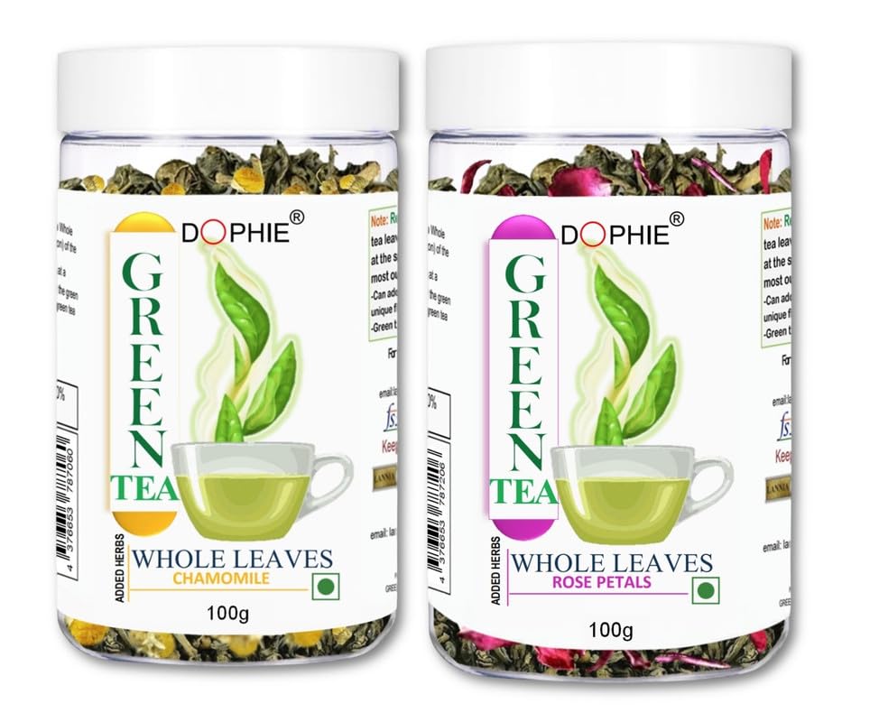 Dophie Chamomile green tea whole leaves-1, Rose petals green tea whole leaves-1(COMPO PACK-2) Added herbs| Multiple infusion| loose green tea| Less Bitter | Antioxidants(100 * 2)(200g)