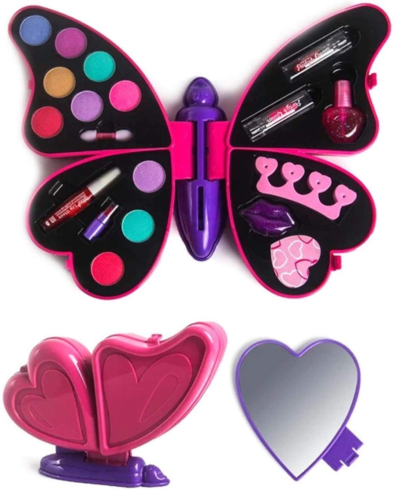 VikriDA 2-in-1 Butterfly Shape Makeup & Nail Art Kit | Big Size Pretend Play Cosmetic Set for Kids | Non-Toxic Deluxe Beauty Case – Pink - Image 3