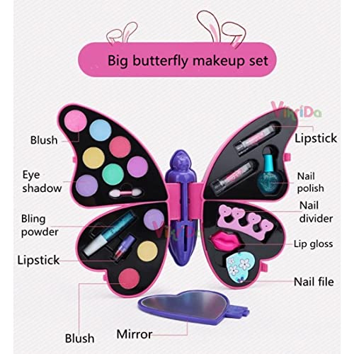 VikriDA 2-in-1 Butterfly Shape Makeup & Nail Art Kit | Big Size Pretend Play Cosmetic Set for Kids | Non-Toxic Deluxe Beauty Case – Pink - Image 4