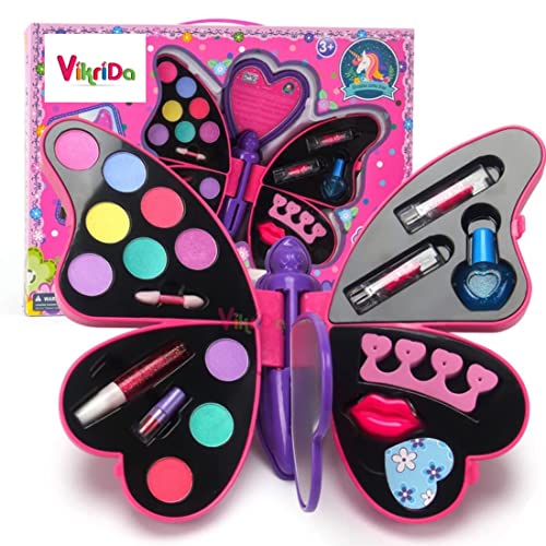 VikriDA 2-in-1 Butterfly Shape Makeup & Nail Art Kit | Big Size Pretend Play Cosmetic Set for Kids | Non-Toxic Deluxe Beauty Case – Pink - Image 1