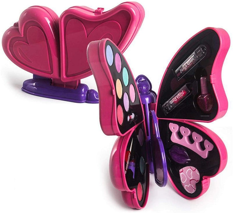 VikriDA 2-in-1 Butterfly Shape Makeup & Nail Art Kit | Big Size Pretend Play Cosmetic Set for Kids | Non-Toxic Deluxe Beauty Case – Pink - Image 2