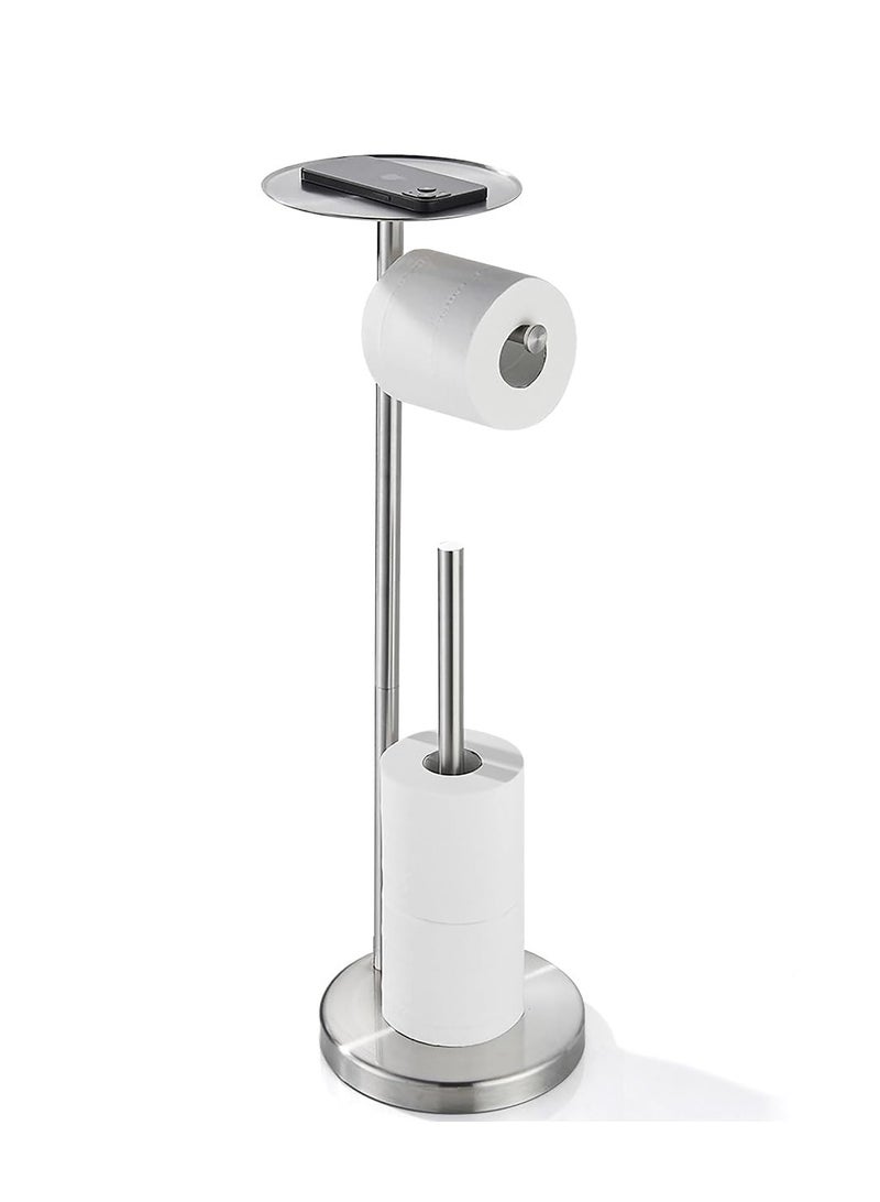 TRASSLE Toilet Paper Holder Stand for Bathroom Floor Standing Toilet Roll Dispenser Storages 4 Reserve Rolls, with Top Storage Shelf for Cell Phones, Wipe, Wallet and More (Silver) - Image 1