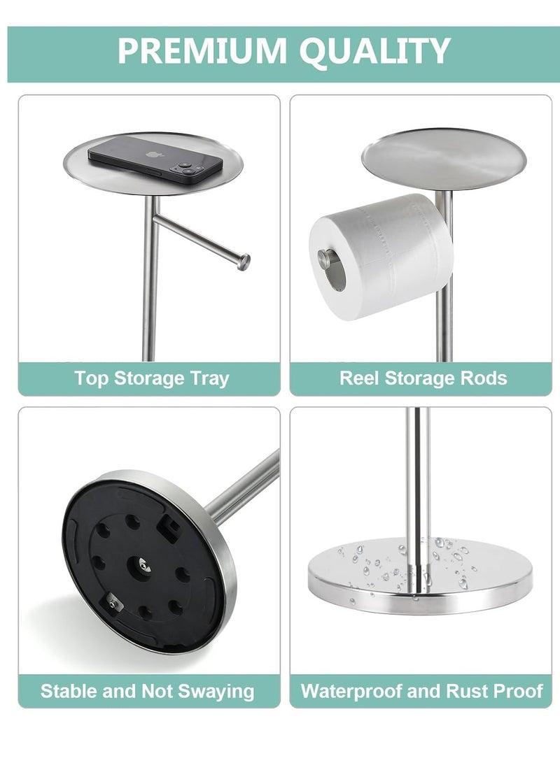 TRASSLE Toilet Paper Holder Stand for Bathroom Floor Standing Toilet Roll Dispenser Storages 4 Reserve Rolls, with Top Storage Shelf for Cell Phones, Wipe, Wallet and More (Silver) - Image 3