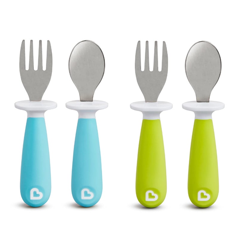 MunchkinÂ® Raiseâ„¢ Toddler Fork and Spoon Utensil Set, Rest Keeps Tip Off Table, BPA Free, 4 Pack, Blue/Green - Image 1