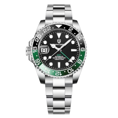 PAGRNE DESIGN ساعة رجالية بتصميم Pagani GMT أوتوماتيكية ميكانيكية مع إطار سيراميك دوار وسوار فولاذي مقاوم للصدأ مع وظيفة التاريخ - ساعة رياضية رجالية (حزام فولاذي أسود أخضر-3) - Image 1