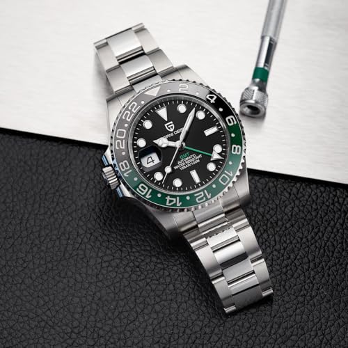 PAGRNE DESIGN ساعة رجالية بتصميم Pagani GMT أوتوماتيكية ميكانيكية مع إطار سيراميك دوار وسوار فولاذي مقاوم للصدأ مع وظيفة التاريخ - ساعة رياضية رجالية (حزام فولاذي أسود أخضر-3) - Image 5
