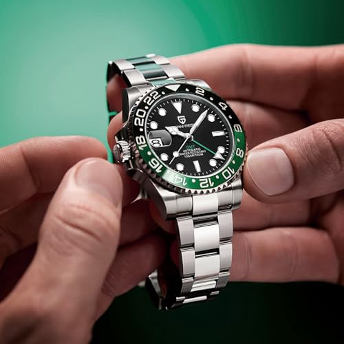 PAGRNE DESIGN ساعة رجالية بتصميم Pagani GMT أوتوماتيكية ميكانيكية مع إطار سيراميك دوار وسوار فولاذي مقاوم للصدأ مع وظيفة التاريخ - ساعة رياضية رجالية (حزام فولاذي أسود أخضر-3) - Image 2