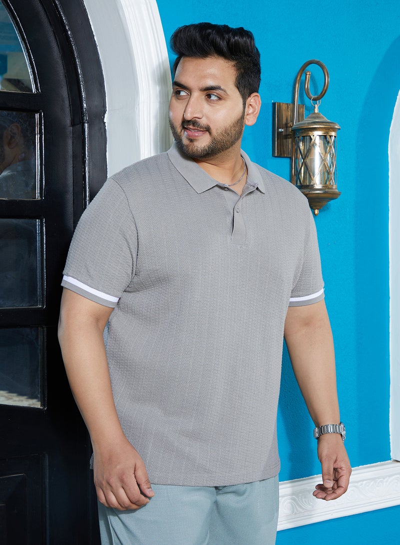 Instafab Plus Instafab Plus Men's Cloud Grey Textured Polo T-Shirt For Casual Wear | Polo Neck | Short Regular Sleeves | Half-Button Closure | Plus Size T-Shirt Crafted With Comfort Fit For Everyday Wear  - Image 3