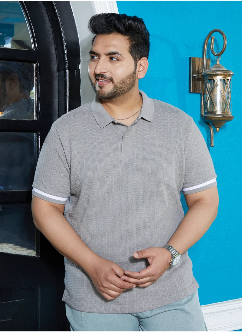 Instafab Plus Instafab Plus Men's Cloud Grey Textured Polo T-Shirt For Casual Wear | Polo Neck | Short Regular Sleeves | Half-Button Closure | Plus Size T-Shirt Crafted With Comfort Fit For Everyday Wear
