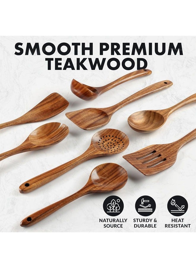 ملاعق خشبية فاخرة مكونة من 8 قطع للطهي، أدوات طهي خشبية من خشب الساج بلمسة نهائية ناعمة، خشب الساج الطبيعي بلمسة نهائية ناعمة، أدوات طهي خشبية غير لاصقة، أدوات خشبية مصنوعة يدويًا - Image 2
