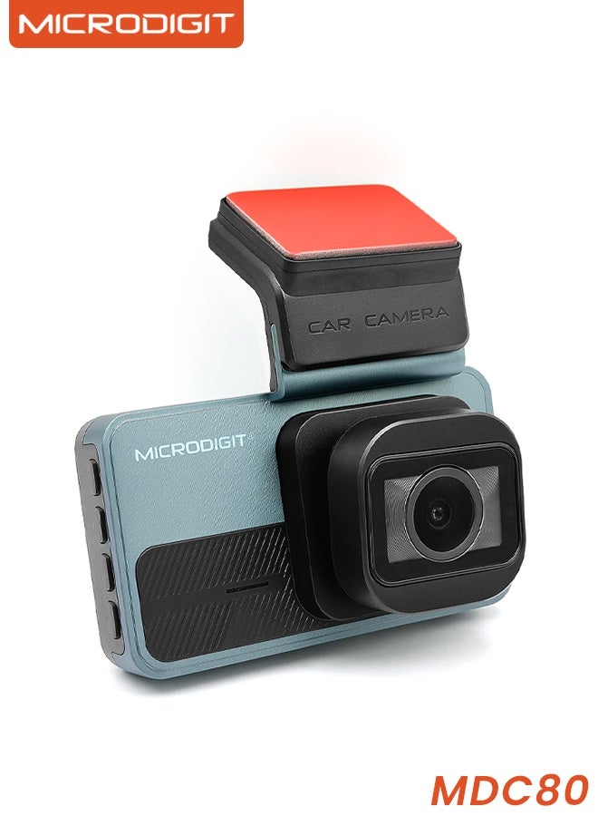 Microdigit MDC80 Dual Dash Cam: 2K Front + 1080P Rear Recording, 170°/150° Wide Angle, G-Sensor, Loop Recording, WiFi App (Vidure/Wind Recorder), 3" IPS Display, Type-C, 128GB Support, Reverse Image. - Image 1