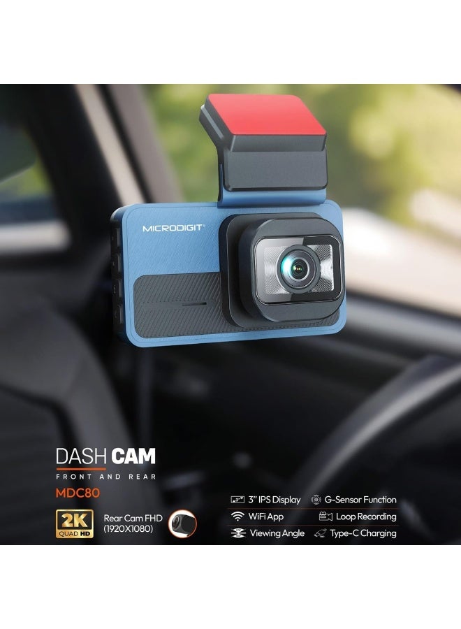 Microdigit MDC80 Dual Dash Cam: 2K Front + 1080P Rear Recording, 170°/150° Wide Angle, G-Sensor, Loop Recording, WiFi App (Vidure/Wind Recorder), 3" IPS Display, Type-C, 128GB Support, Reverse Image. - Image 4