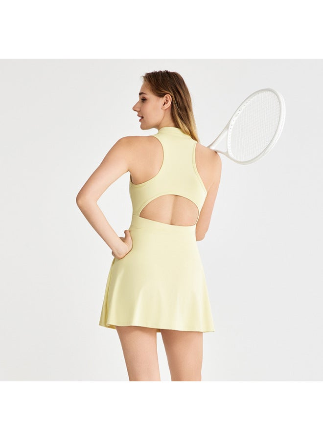 Tennis Dress Sleeveless Women's Belt Chest Pad Fake Two-piece Anti-light Yoga One-piece Suit Badminton Sports Short Culottes - Image 4