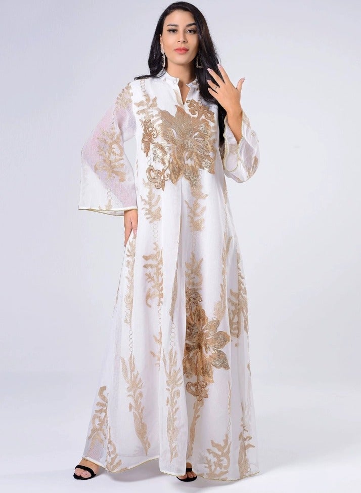 Loquat Ladies Mesh Fabric Robe Sequin Embroidered Jacquard Long Dress Muslim Abaya Evening Dress White  - Image 1
