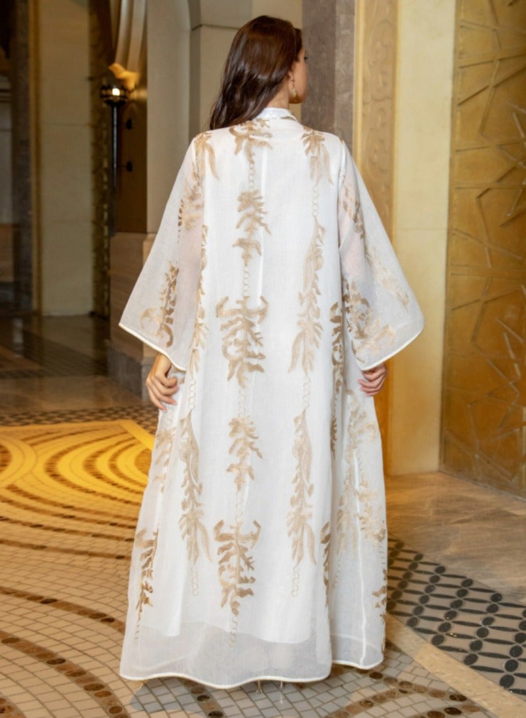 Loquat Ladies Mesh Fabric Robe Sequin Embroidered Jacquard Long Dress Muslim Abaya Evening Dress White  - Image 2
