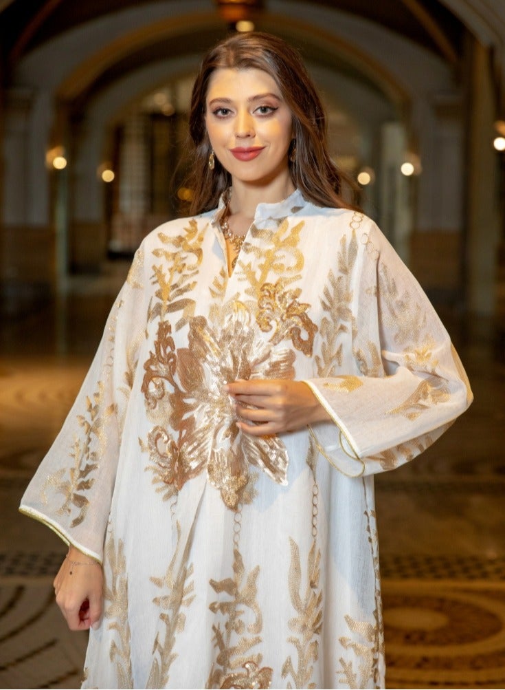 Loquat Ladies Mesh Fabric Robe Sequin Embroidered Jacquard Long Dress Muslim Abaya Evening Dress White  - Image 3
