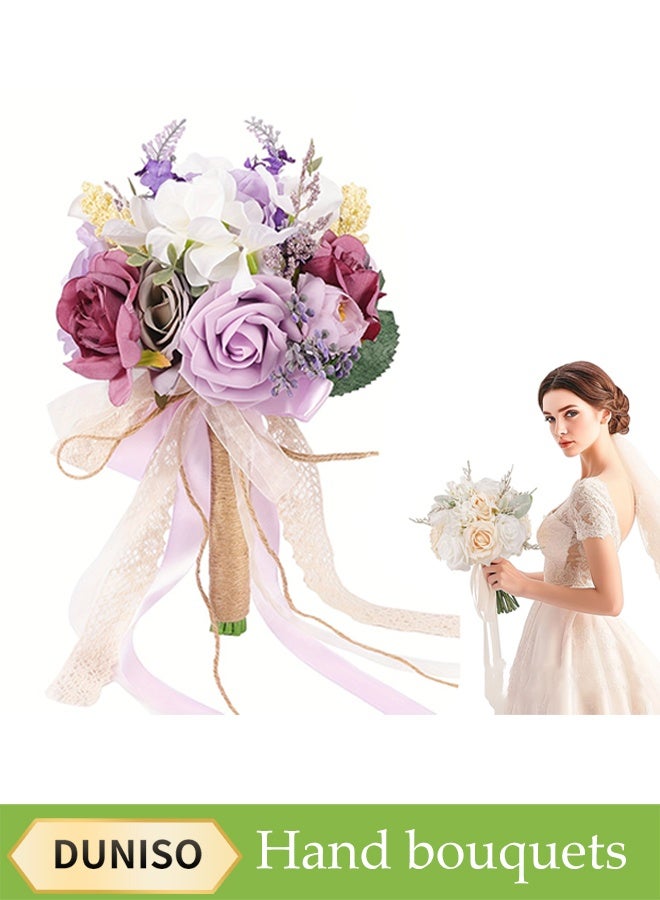 DUNISO Lilac Bridal Bouquet, Wedding Bouquet, Suitable For Bridesmaids, Artificial Roses, Suitable For Wedding Church Decoration, Photography, Artificial Flowers - Image 1