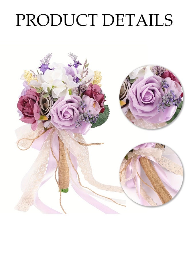 DUNISO Lilac Bridal Bouquet, Wedding Bouquet, Suitable For Bridesmaids, Artificial Roses, Suitable For Wedding Church Decoration, Photography, Artificial Flowers - Image 3