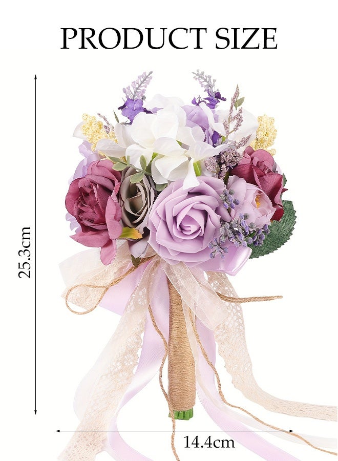 DUNISO Lilac Bridal Bouquet, Wedding Bouquet, Suitable For Bridesmaids, Artificial Roses, Suitable For Wedding Church Decoration, Photography, Artificial Flowers - Image 2