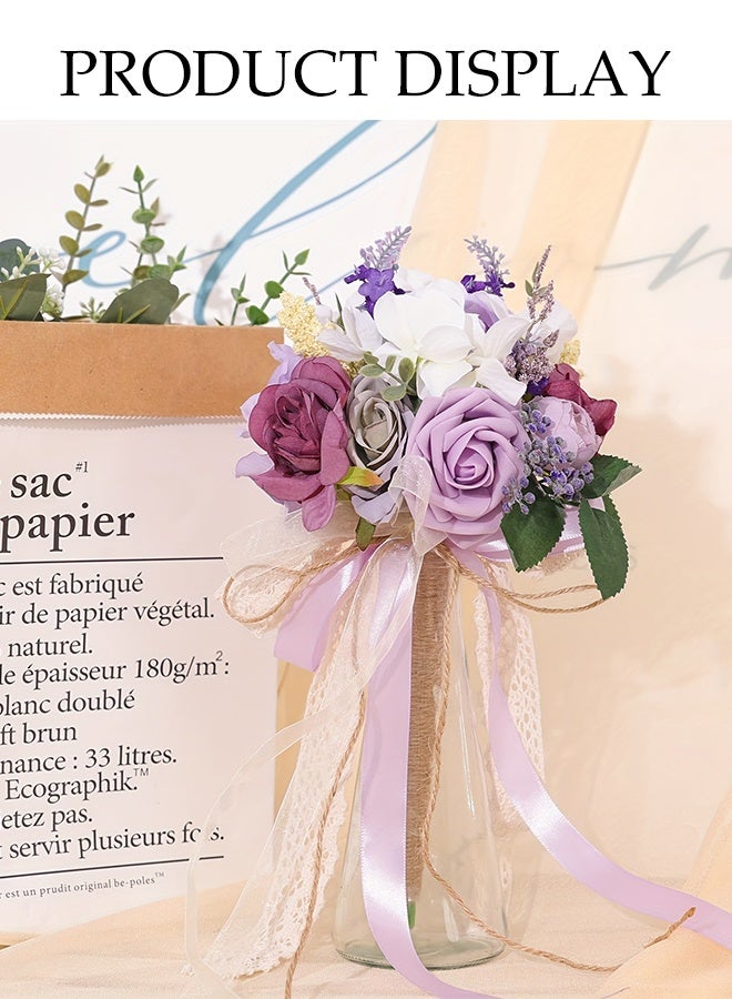 DUNISO Lilac Bridal Bouquet, Wedding Bouquet, Suitable For Bridesmaids, Artificial Roses, Suitable For Wedding Church Decoration, Photography, Artificial Flowers - Image 5