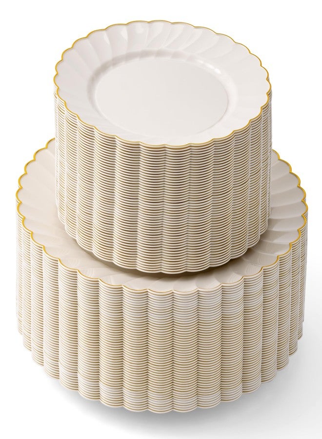 By Madee HEAVYWEIGHT 100 Pc Ivory Scalloped Plastic Plates with Gold Trim 50 Dinner & 50 Dessert | Elegant and Fancy | Perfect as Wedding Plates, Bridal Showers and Thanksgiving (50 Guests) - Image 1
