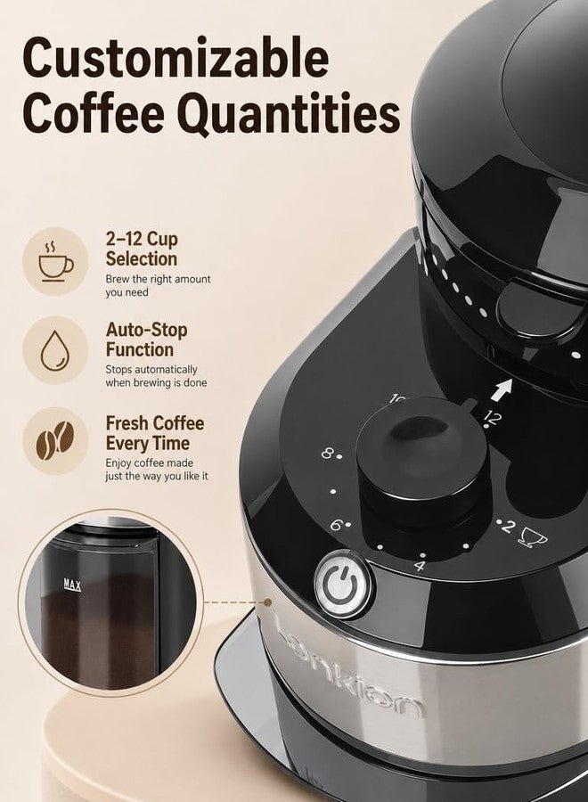 Lonkion Coffee Grinder - Lonkion Electric Burr Coffee Grinder with 28 Grind Settings - Anti-Static Coffee Bean Grinder for Espresso, Drip, French Press - 2-12 Cup Adjustable - Stainless Steel - Gloss Black - Image 4
