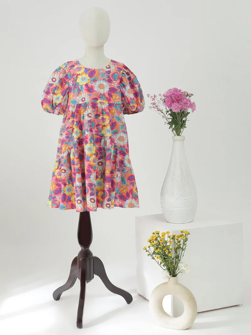globus Globus Girls Pink All Over Floral Print Round Neck Gathered Detail Puff Sleeves Fit & Flare Mini Dress