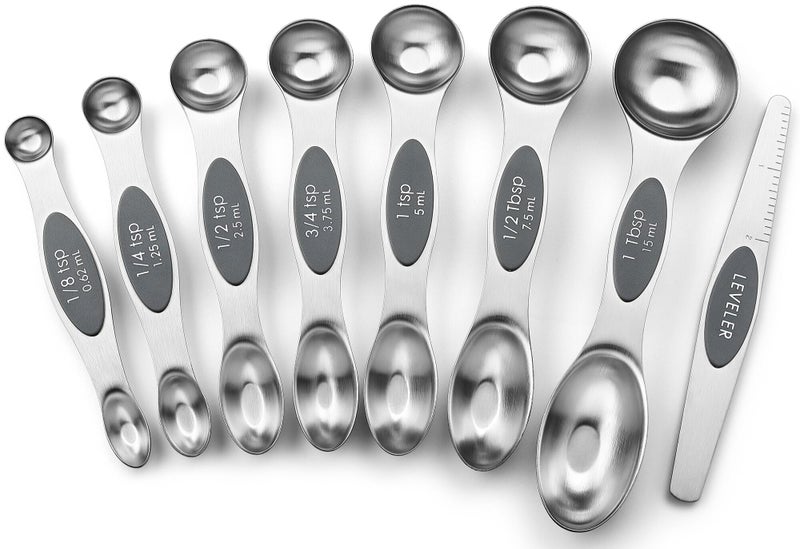 Spring Chef Stainless Steel Magnetic Measuring Spoons Set of 8 with Leveler, Dual Sided Metal Teaspoon & Tablespoon Measuring Spoons - Kitchen Gadgets For Baking and Cooking, Gray - Image 1