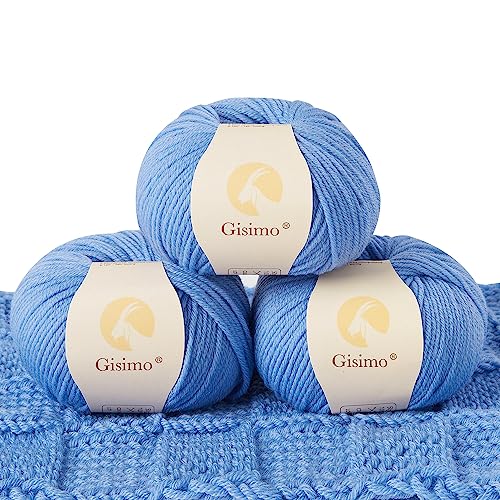 GISIMO 100% Merino Wool Yarn, 6-Ply Luxurious and Soft Yarn for Hand Knitting & Crocheting, 1.76 OZ/50g, 127 yds/116 Meters (Blue, 3 Balls) - Image 1