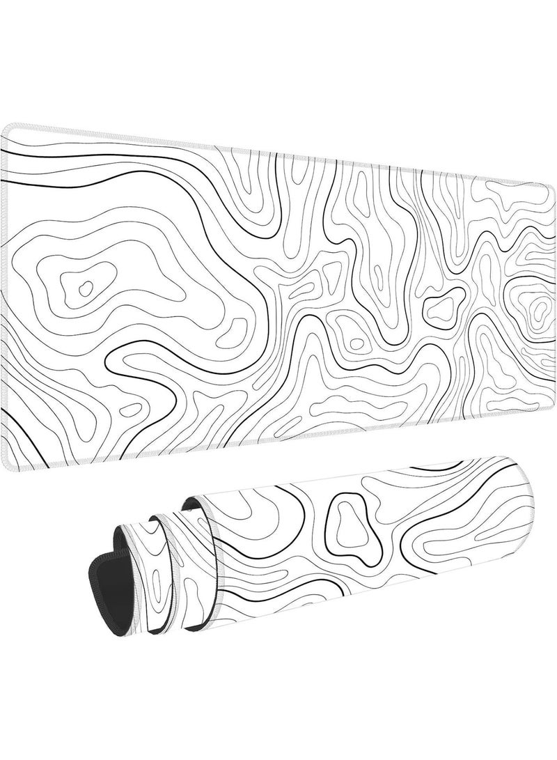 NNEWVANTE Super Smooth Fabric,Minimalist Desk Mat Topographic Pattern Gaming Mouse Pad Large Desk Pad with Stitched Edges Gaming Mousepad Aesthetic Deskmat, Keyboard Pad for Women Desk 31.5"x11.8" White - Image 1