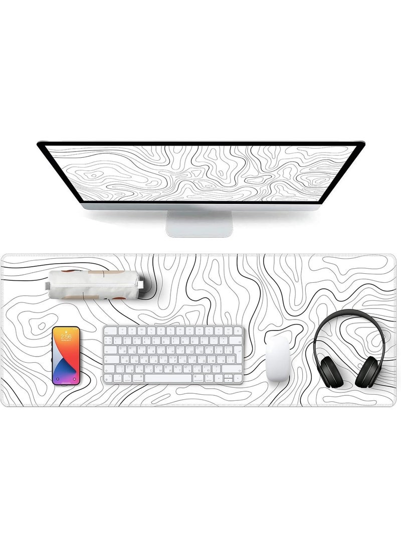NNEWVANTE Super Smooth Fabric,Minimalist Desk Mat Topographic Pattern Gaming Mouse Pad Large Desk Pad with Stitched Edges Gaming Mousepad Aesthetic Deskmat, Keyboard Pad for Women Desk 31.5"x11.8" White - Image 2
