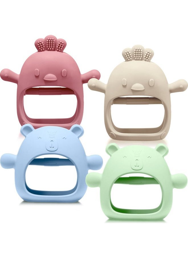 Woanger - Woanger 4 Pcs Baby Teething Toys Bear Hand Teethers for Babies Silicone Chick Teething Toys for Babies Over 6 Months Anti Dropping Wrist Mitten for Sucking Needs (Blue, Dark Green, Yellow, Maroon) - Image 1