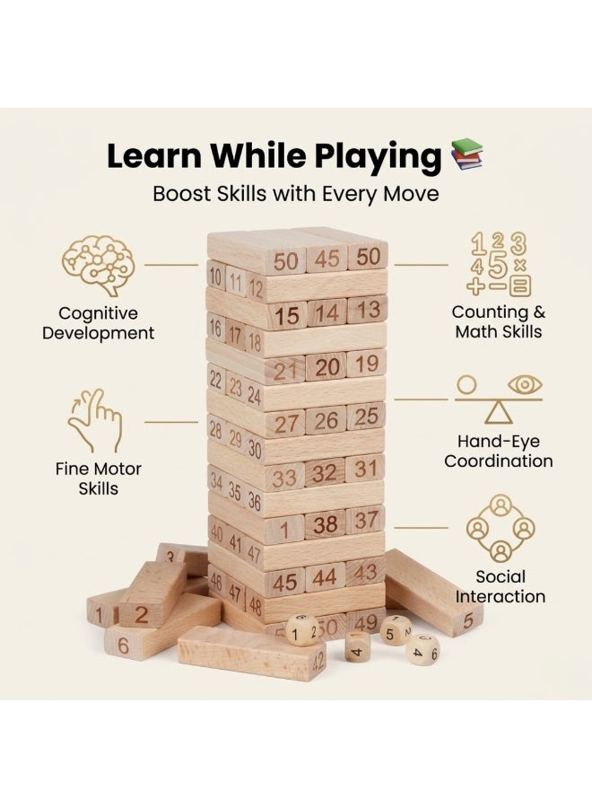 Lukadah Wooden Stacking Tower Game for Kids & Family – Numbered Balance Blocks with Dice, Classic Tumbling Tower Toy, Educational Learning Game for Children, Party Game, Fine Motor Skill & Brain Development Toy - Image 3