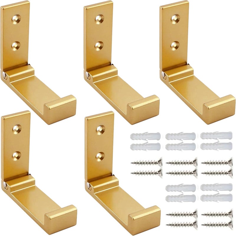 ZEYU خطافات معاطف قابلة للطي من زيو، 5 قطع من خطافات الحائط لتعليق المعاطف والمناشف، أجهزة ثقيلة من سبائك الألومنيوم، حامل سماعات رأس، خطافات مقاومة للصدأ مثبتة على الحائط بمسامير للقبعات والحقائب ومعدات اللياقة البدنية (ذهبي) - Image 1