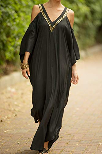 YouKD Wemon's Summer Long Kaftan Maxi Dress Bohemian Swimsuit Beach Cover Up Robes B Black - Image 4