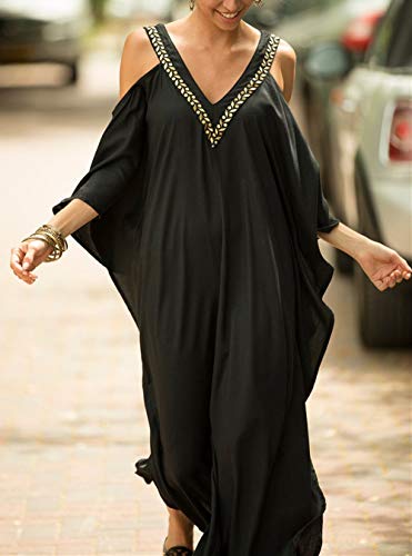 YouKD Wemon's Summer Long Kaftan Maxi Dress Bohemian Swimsuit Beach Cover Up Robes B Black - Image 2