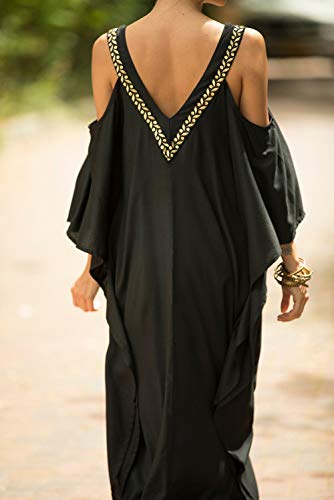 YouKD Wemon's Summer Long Kaftan Maxi Dress Bohemian Swimsuit Beach Cover Up Robes B Black - Image 5