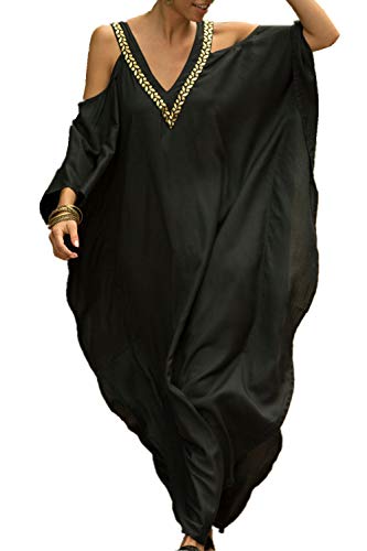 YouKD Wemon's Summer Long Kaftan Maxi Dress Bohemian Swimsuit Beach Cover Up Robes B Black - Image 1