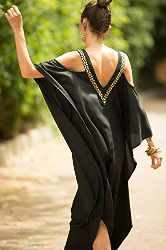 YouKD Wemon's Summer Long Kaftan Maxi Dress Bohemian Swimsuit Beach Cover Up Robes B Black - Image 3