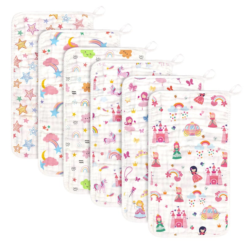 decalsweet Baby Burp Cloths Muslin Washcloths 6 Pack Muslin Burp Cloths 100% Cotton Large 20''x12'' Soft 6 Layers Baby Burp Rags for Boys Girls Baby Essentials for Newborn Gift Machine Washable - Image 1