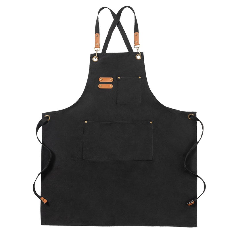 FunChaos Black Canvas Aprons, Work Aprons for Men Women, Chef Aprons with Adjustable Strap and 3 Pockets, Apron for Servers Kitchen Cooking Baking Artist Painting, Cross Back - Image 1