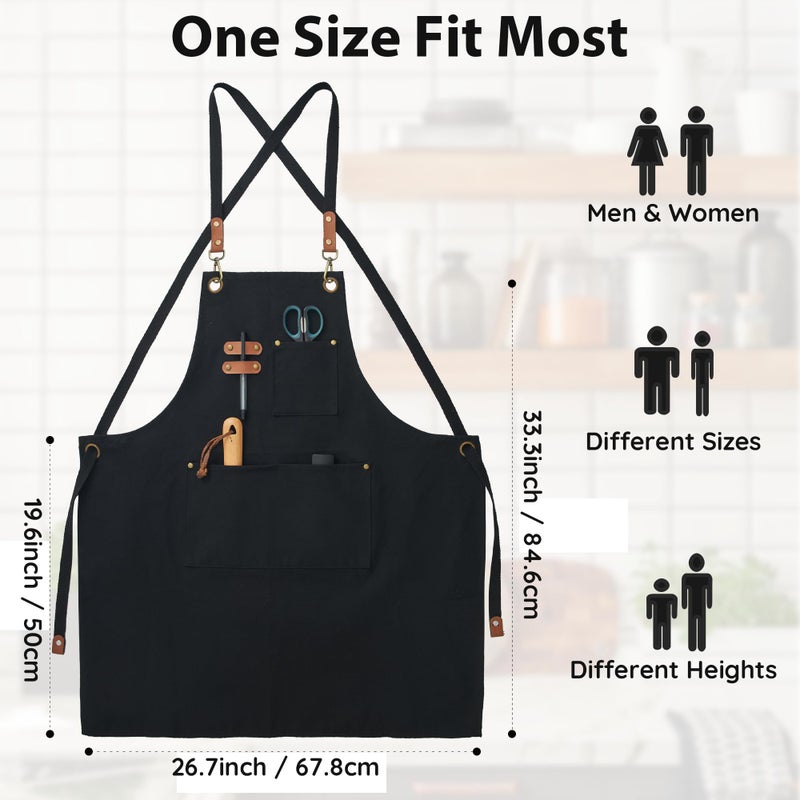 FunChaos Black Canvas Aprons, Work Aprons for Men Women, Chef Aprons with Adjustable Strap and 3 Pockets, Apron for Servers Kitchen Cooking Baking Artist Painting, Cross Back - Image 5