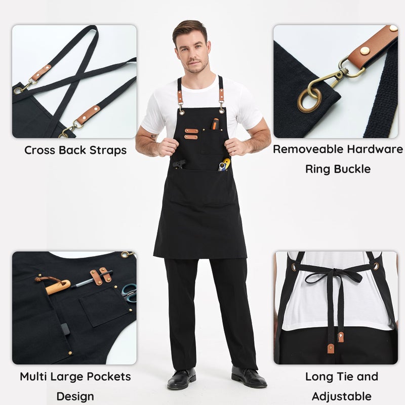 FunChaos Black Canvas Aprons, Work Aprons for Men Women, Chef Aprons with Adjustable Strap and 3 Pockets, Apron for Servers Kitchen Cooking Baking Artist Painting, Cross Back - Image 4