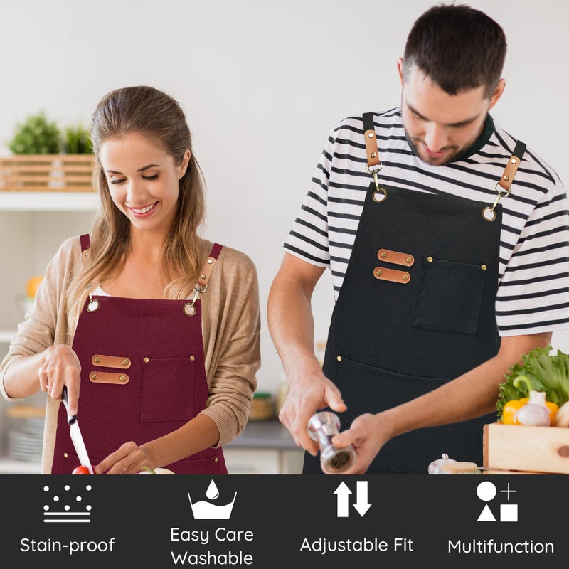 FunChaos Black Canvas Aprons, Work Aprons for Men Women, Chef Aprons with Adjustable Strap and 3 Pockets, Apron for Servers Kitchen Cooking Baking Artist Painting, Cross Back - Image 2