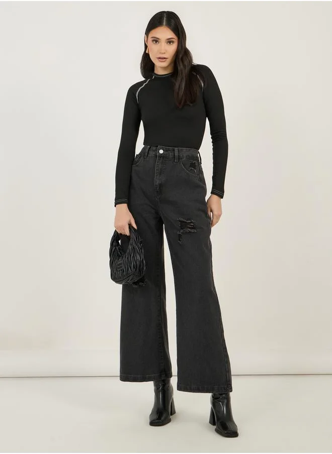 ستايلي High Rise Wide Leg Knee Distress Detail Jeans