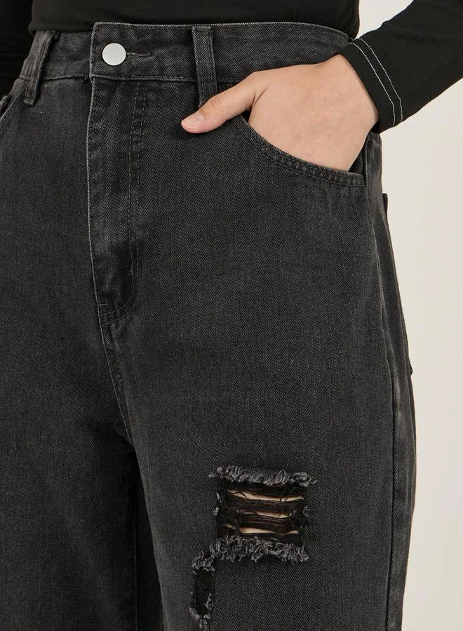 Styli High Rise Wide Leg Knee Distress Detail Jeans
