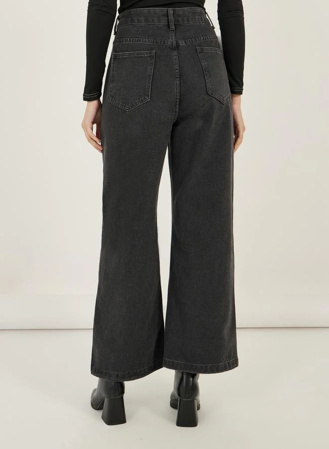 Styli High Rise Wide Leg Knee Distress Detail Jeans