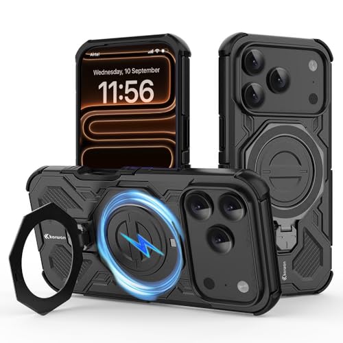 KARWAN Tough Shockproof Armor Back Case Cover Compatible with iPhone 17 Pro Max with 360 Degree Rotation Magnetic Attraction Ring, Holder Heavy Duty Rugged Cover with MagEaze Wireless Charging (Black) - Image 1