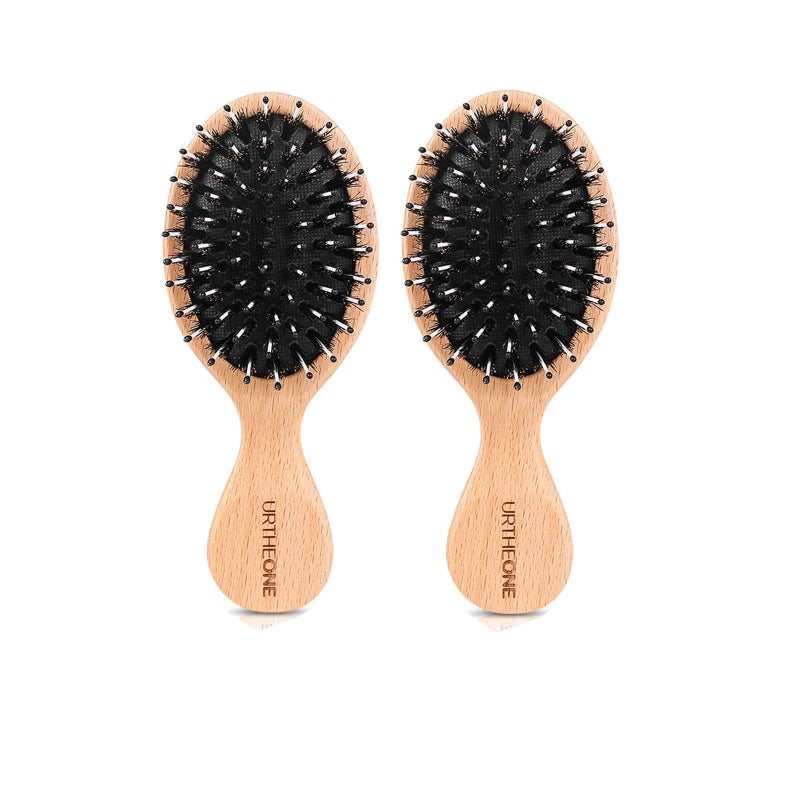 URTHEONE 2Pcs Hair Brush Mini Boar Bristle Hairbrush for Thick Curly Thin Long Short Wet or Dry Hair Detangle Massage Add Shine, Pocket Travel Small Paddle Hair Brush for Men Women Kids - Image 1
